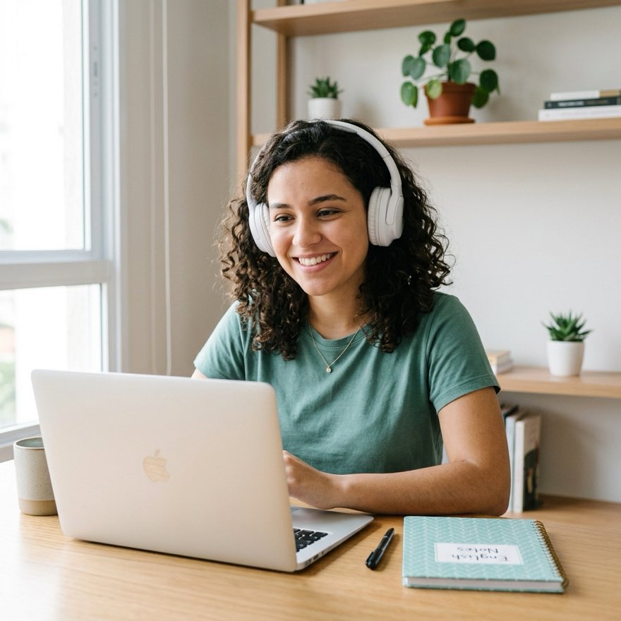 Estudante sorrindo em aula online de inglês